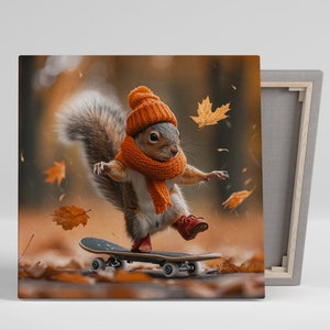 Arte de ardilla patinadora de otoño, lienzo o póster, decoración caprichosa de la naturaleza, sala de estar, sala de juegos, sala de juegos, arte de pared, decoración de ardilla