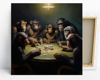 Chimpanzee Poker Night Art, Canvas or Poster, Traditional Glam Decor, Living Room Game Room Office Library Art, Brown Gold Multicolor Black