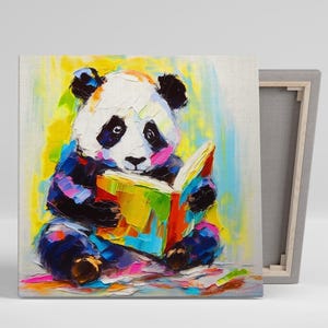 Literary Panda&#39;s Rainbow Journey Art, Canvas or Poster, Whimsical Contemporary Animal Decor, Children&#39;s Room Office Living Room Bedroom Art