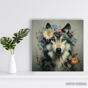 Wolf Floral Crown Art, Canvas or Poster, Rustic Farmhouse Decor, Living Room Bedroom Entryway Children Room Art,Multicolor Green Yellow Grey image 6