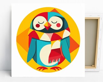 Geometric Owl Art, Canvas or Poster, Whimsical Decor, Living Room Bedroom Office Children's Room Wall Art, Multicolor Yellow Red Teal