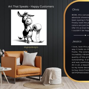Donkey Toilet Paper Art, Poster or Canvas, Whimsical Graffiti Decor, Living Room Bedroom Bathroom Wall Art, Black and White Grey image 9