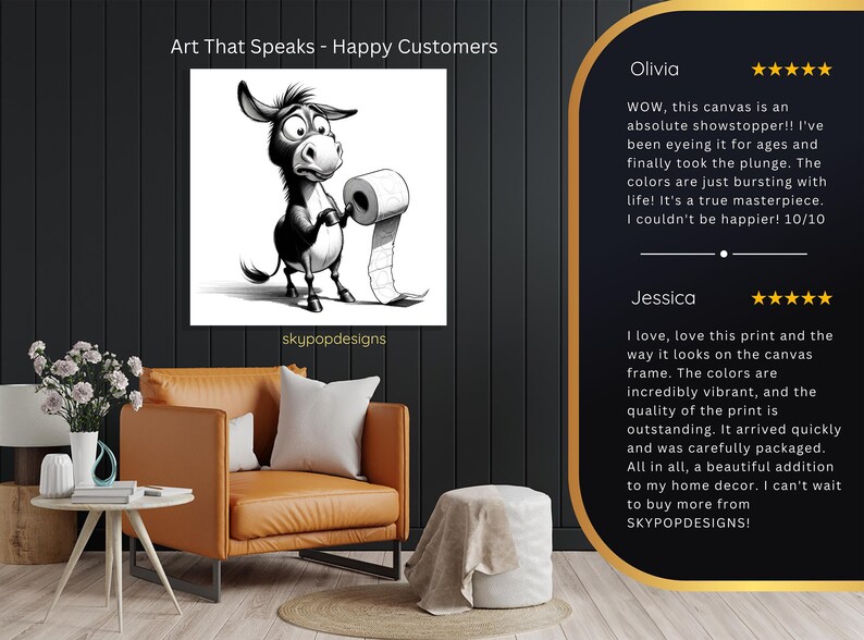 Donkey Toilet Paper Art, Poster or Canvas, Whimsical Graffiti Decor, Living Room Bedroom Bathroom Wall Art, Black and White Grey image 9
