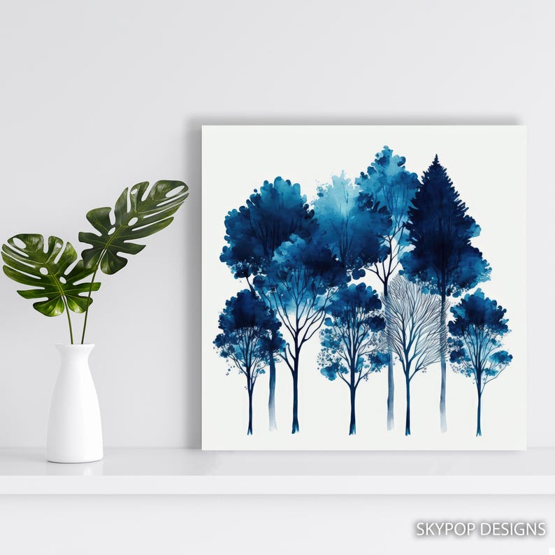 Forest Art, Poster or Canvas, Abstract Minimalist Decor, Living Room Bedroom Office Entryway Wall Art, Blue White Black, Modern Wall Art image 6
