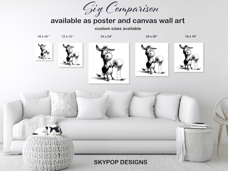 Donkey Toilet Paper Art, Poster or Canvas, Whimsical Graffiti Decor, Living Room Bedroom Bathroom Wall Art, Black and White Grey image 8