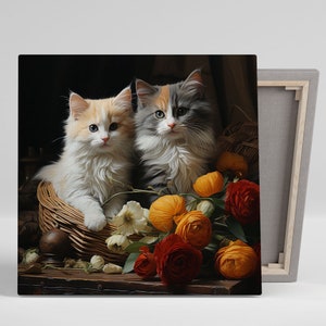 Two Cat With Flower Art, Canvas Or Poster,Pets Wall Art, Botanical Cat Design, Contemporary Cat And Floral, Cat Wall Art, Cat Wall Decor