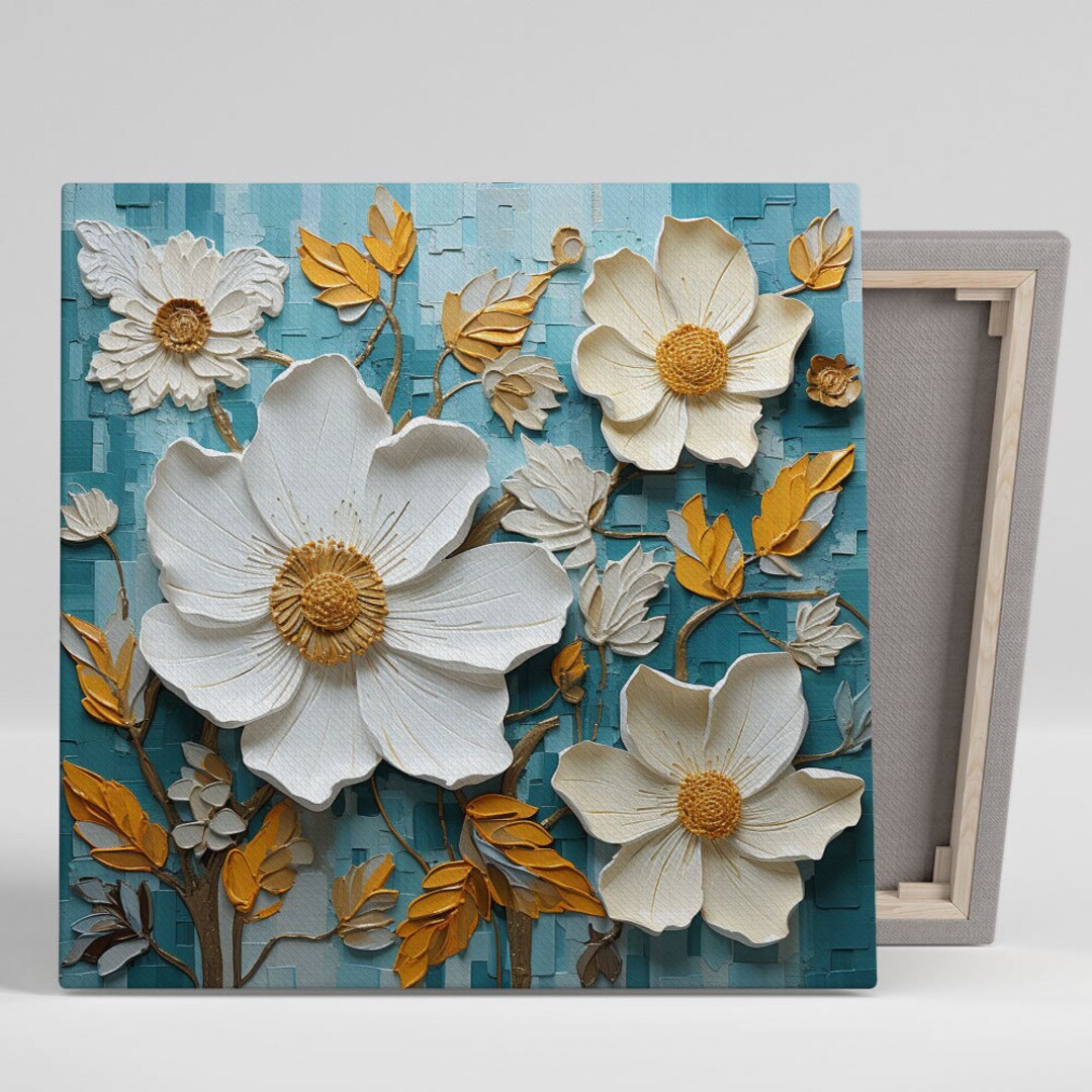 White and Gold Flower Wall Art, Canvas or Poster, Flower Wall Decor, Botanical Decor, Office