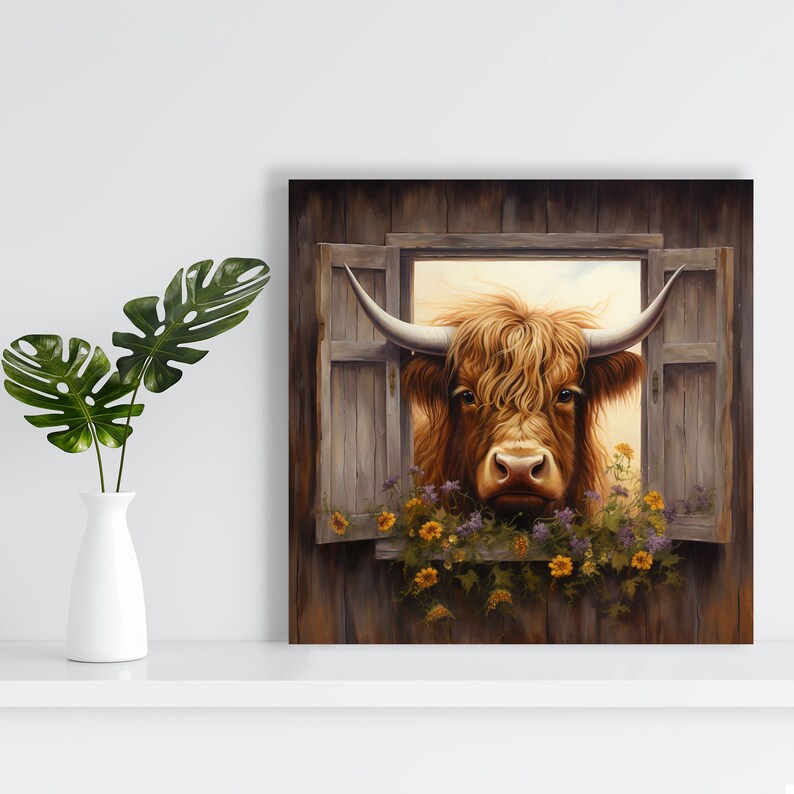 Op de afbeelding: Een schilderij van een bruine Highland-koe met lange hoorns die uit een houten raam kijkt met bloemen die eromheen groeien.