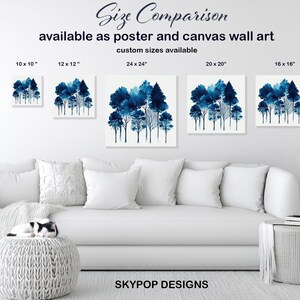 Forest Art, Poster or Canvas, Abstract Minimalist Decor, Living Room Bedroom Office Entryway Wall Art, Blue White Black, Modern Wall Art image 8