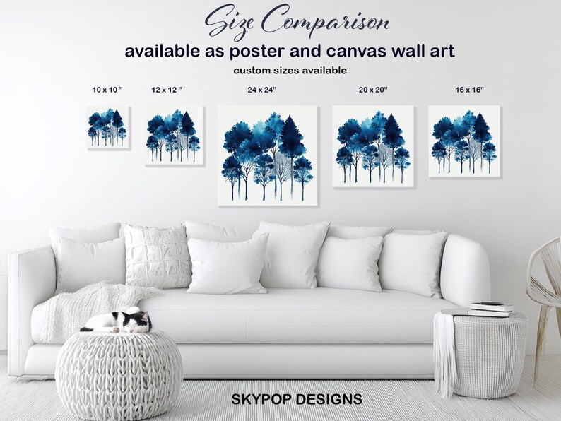 Forest Art, Poster or Canvas, Abstract Minimalist Decor, Living Room Bedroom Office Entryway Wall Art, Blue White Black, Modern Wall Art image 8