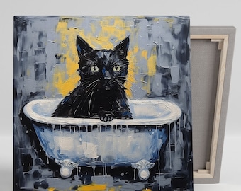 May include: A black cat sits in a white bathtub with blue and yellow accents. The cat has green eyes and is looking directly at the viewer. The background is a textured gray and yellow.