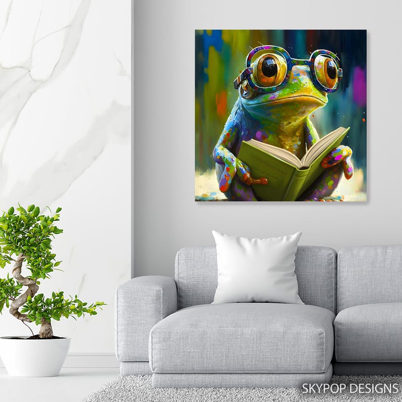 Frog Art, Poster or Canvas, Whimsical Pop Art Decor, Living Room Childrens Room Office Wall Art, Multicolor Green Blue Yellow immagine 6