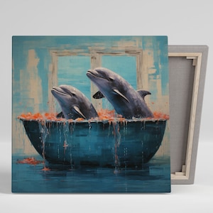 Two Dolphins In Bathtub, Canvas Or Poster, Bathroom Wall Art, Bathtub Art, Dolphin Wall Decor, Animal Decor, Home Decor, Dolphin Wall Art