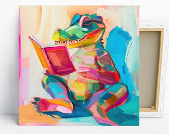 Crocodile Reading Art, Poster or Canvas, Whimsical Animal Decor, Living Room Childrens Bedroom Office Art, Multicolor Turquoise Pink Yello