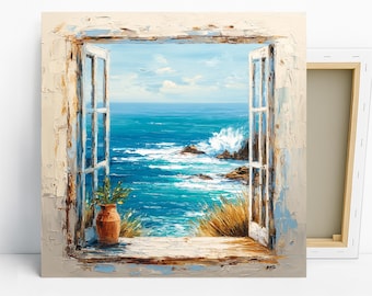 Coastal Window View Art, Poster or Canvas, Impressionism Coastal Decor, Living Room Bedroom Bathroom Sunroom Wall Art, Ocean Blue Teal White