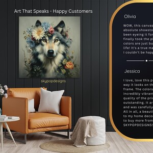 Wolf Floral Crown Art, Canvas or Poster, Rustic Farmhouse Decor, Living Room Bedroom Entryway Children Room Art,Multicolor Green Yellow Grey image 9