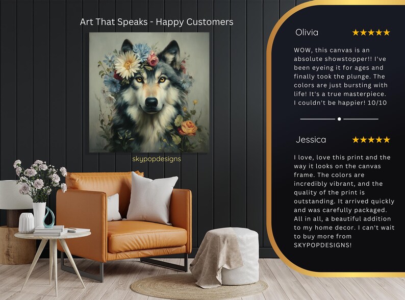 Wolf Floral Crown Art, Canvas or Poster, Rustic Farmhouse Decor, Living Room Bedroom Entryway Children Room Art,Multicolor Green Yellow Grey image 9