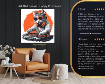 DJ Cat Art, Canvas or Poster, Pop Art Music Decor, Living Room