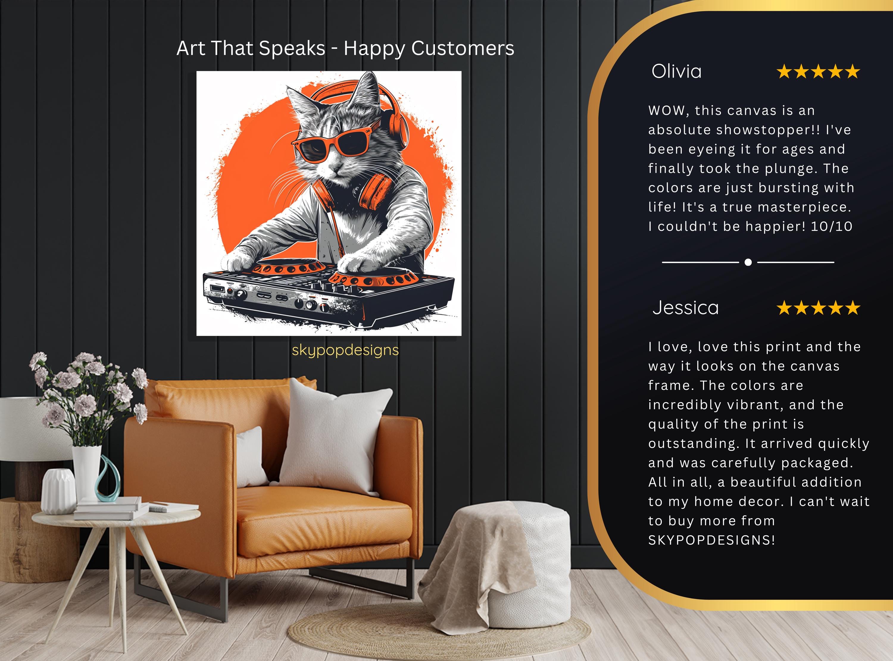 DJ Cat Art, Canvas or Poster, Pop Art Music Decor, Living Room