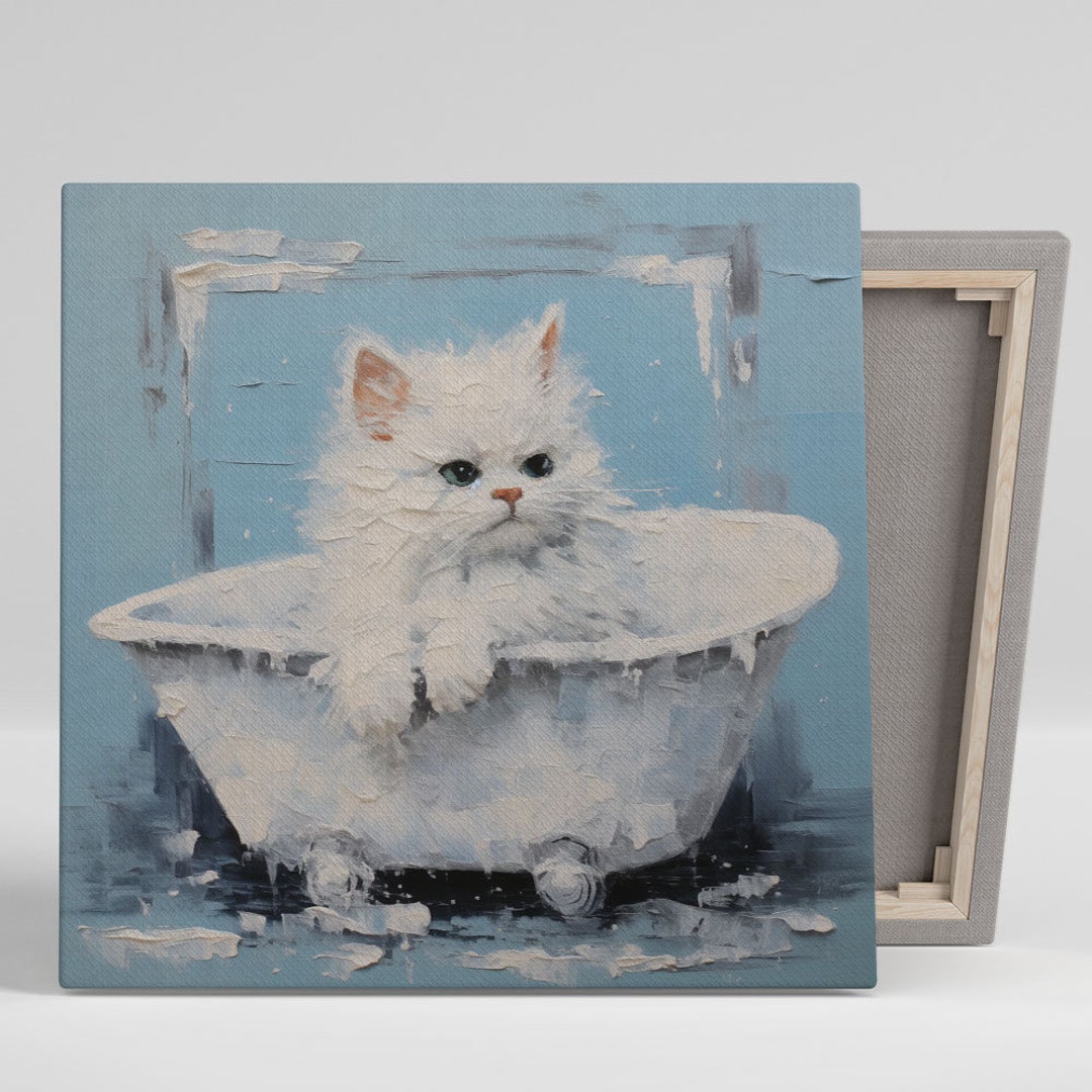 White Cat in Bathtub, Canvas or Poster, Bathroom Decor, Animal Wall Art ...