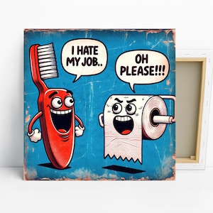 Arte de cepillo de dientes y papel higiénico, lienzo o póster, decoración bohemia de estilo pop art, arte de pared para sala de juegos, oficina, azul, rojo y blanco. imagen 1