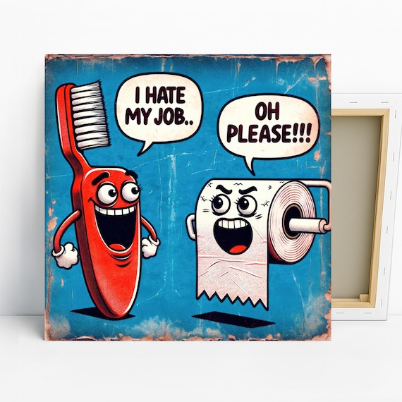 Toothbrush and Toilet Paper Art, Canvas or Poster, Pop Art Bohemian Decor, Living Room Game Room Office Wall Art, Blue Red White