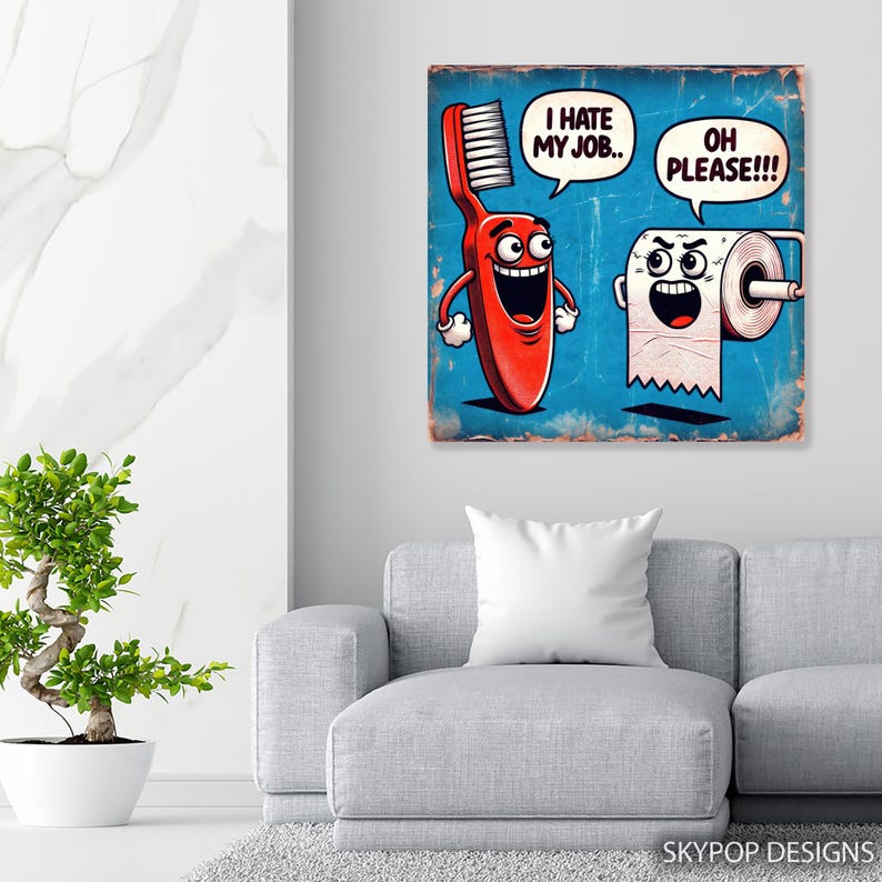 Arte de cepillo de dientes y papel higiénico, lienzo o póster, decoración bohemia de estilo pop art, arte de pared para sala de juegos, oficina, azul, rojo y blanco. imagen 6