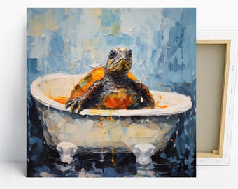 Turtle Art, Canvas or Poster, Contemporary Bohemian Wall Art, Living Room Bathroom Bedroom Children's Room Decor, Blue White Yellow Brown