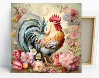 Rooster Art, Canvas or Poster, Farmhouse Traditional Decor, Living Room Bedroom Dining Room Wall Art, Pink White Yellow Multicolor