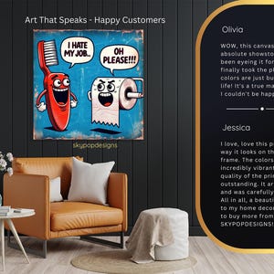 Arte de cepillo de dientes y papel higiénico, lienzo o póster, decoración bohemia de estilo pop art, arte de pared para sala de juegos, oficina, azul, rojo y blanco. imagen 9