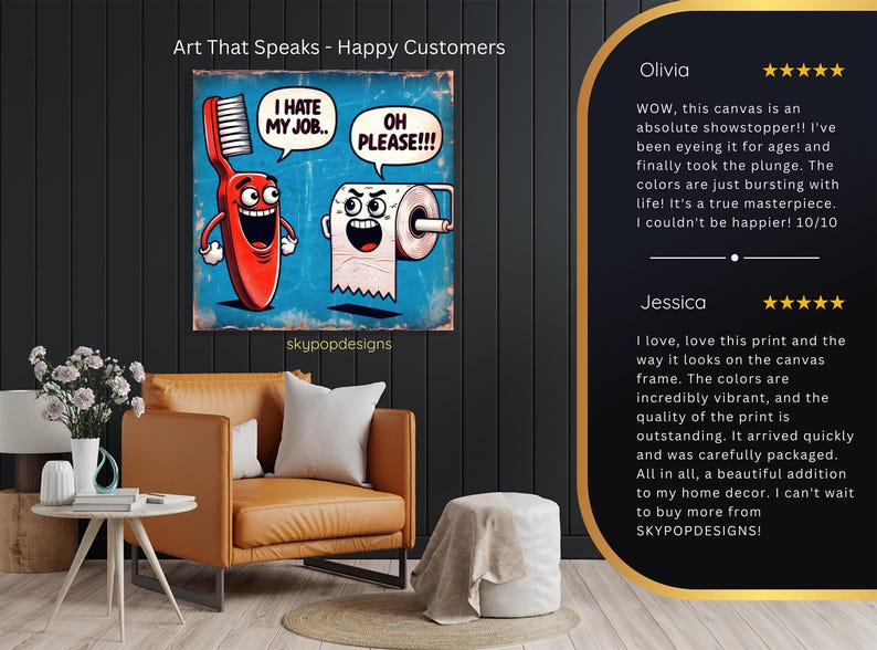 Arte de cepillo de dientes y papel higiénico, lienzo o póster, decoración bohemia de estilo pop art, arte de pared para sala de juegos, oficina, azul, rojo y blanco. imagen 9