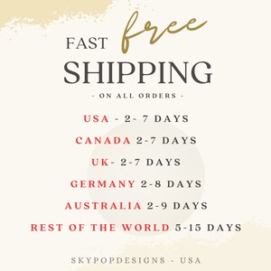 May include: A graphic with the text "FAST free SHIPPING - ON ALL ORDERS -" and shipping times for different countries, including the USA, Canada, the UK, Germany, Australia, and the rest of the world.