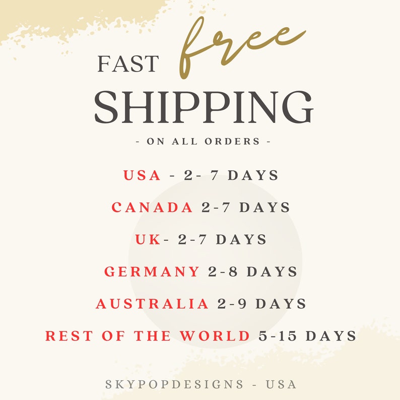 May include: A graphic with the text "FAST free SHIPPING - ON ALL ORDERS -" and shipping times for different countries, including the USA, Canada, the UK, Germany, Australia, and the rest of the world.