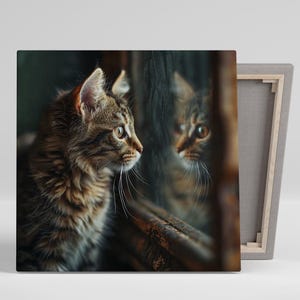 May include: A tabby cat looks at its reflection in a window. The cat is brown and has green eyes. The window is old and has a wooden frame.