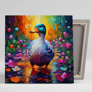 May include: A colorful painting of a duck walking through a field of flowers. The duck is blue, green, and purple, and the flowers are pink, purple, and green. The background is a blur of yellow, orange, and green.