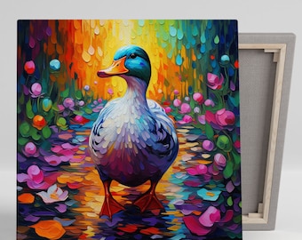 Duck With Flower Wall Art, Canvas Or Poster, Floral Duck Art, Whimsical Wall Art, Living Room Decor, Home Decor, Duck Wall Decor, Duck Art