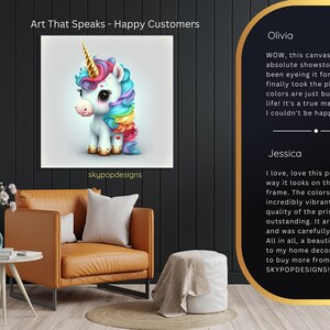 Arte de unicornio, lienzo o póster, decoración de píxeles caprichosa, arte de pared para habitación infantil, dormitorio, sala de juegos, guardería, multicolor, rosa, azul y dorado. imagen 9