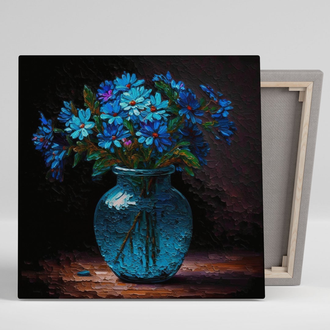 Blue Flower in Blue Vase , Canvas or Poster, Blue Flower Wall Hanging