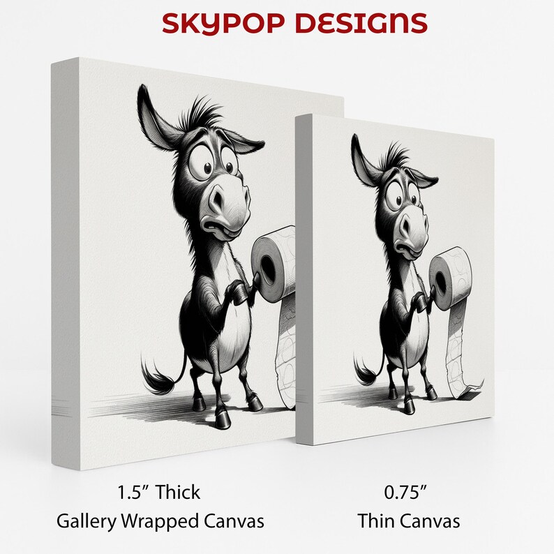 Donkey Toilet Paper Art, Poster or Canvas, Whimsical Graffiti Decor, Living Room Bedroom Bathroom Wall Art, Black and White Grey image 2