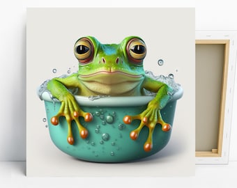 Arte de rana, lienzo o póster, decoración bohemia moderna y caprichosa, arte de pared para sala de estar, baño y habitación infantil, verde azulado, naranja y blanco.