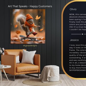 Squirrel Skateboarding Art, Canvas or Poster, Whimsical Bohemian Decor, Living Room Bedroom Office Art, Brown Orange Yellow Multicolor Art 画像 9