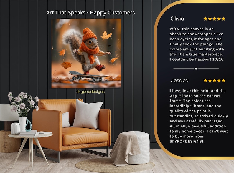 Squirrel Skateboarding Art, Canvas or Poster, Whimsical Bohemian Decor, Living Room Bedroom Office Art, Brown Orange Yellow Multicolor Art 画像 9