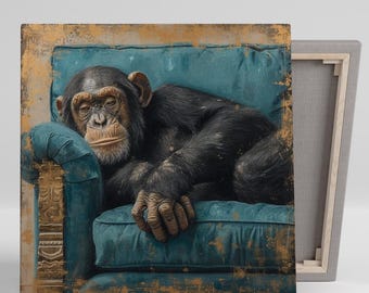 Chimpanzee Art, Canvas or Poster, Whimsical Rustic Decor, Living Room Office Bedroom Game Room Art, Blue Black Gold Design, Animal Decor
