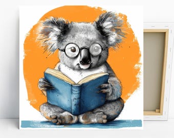 Koala Art, Canvas or Poster, Whimsical Figurative Decor, Living Room Bedroom Office Wall Art, Orange Blue Grey Multicolor, Animal Wall Art