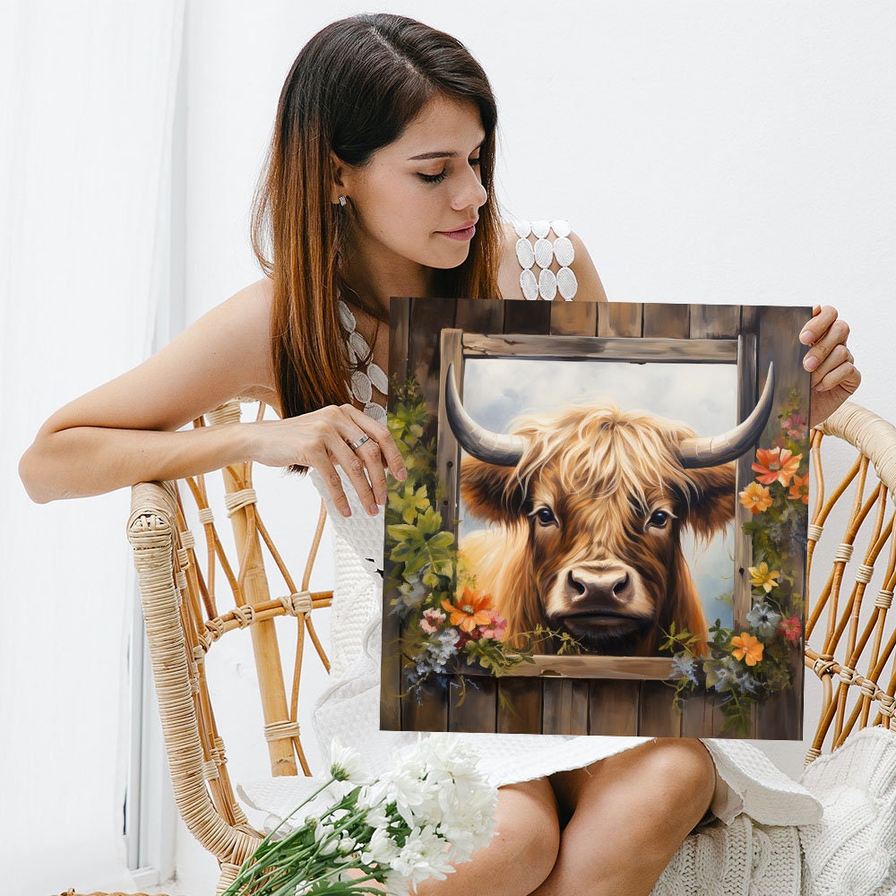 Rinsiken Highland Cattle Wall Art with Long Horns Picture – Highland Cow Print on Canvas Painting 12x16 inches Artwork for Home Décor