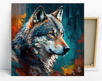 Wolf Art, Canvas or Poster, Abstract Modern Rustic Bohemian Decor, Living Room Bedroom Entryway Office Wall Art,Blue Multicolor Orange Brown
