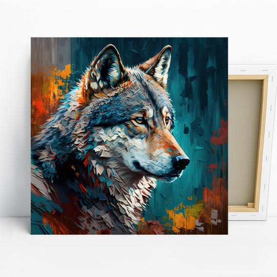 Wolf Art, Canvas or Poster, Abstract Modern Rustic Bohemian Decor, Living Room Bedroom Entryway Office Wall Art,Blue Multicolor Orange Brown