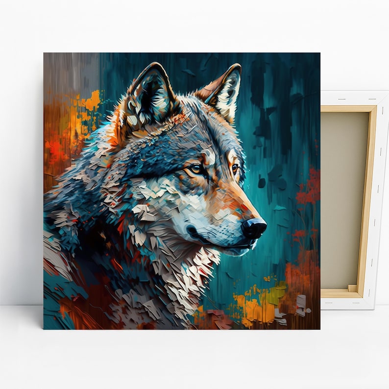 Wolf Art, Canvas or Poster, Abstract Modern Rustic Bohemian Decor, Living Room Bedroom Entryway Office Wall Art,Blue Multicolor Orange Brown image 1