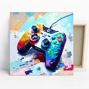 Gaming Controller Explosion Art, Canvas or Poster, Pop Art Glam Decor, Living Room Game Room Office Wall Art, Multicolor Blue Red Yellow