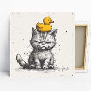 Grumpy Cat with Duck Hat Art, Canvas or Poster, Whimsical Graffiti Decor, Living Room Bedroom Office Wall Art, Grey Yellow White Black
